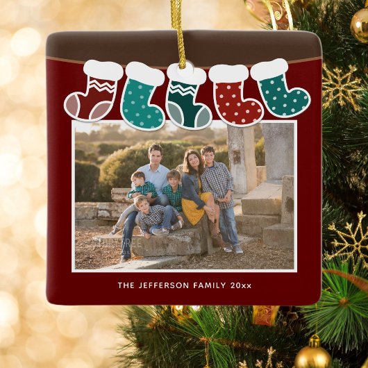 kerstfoto van Cute Family Matching Stockings Keramisch Ornament