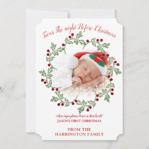 Kerstfoto van de baby's eerste jaar feestdagenkaart