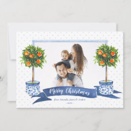 Kerstfoto van Elegant Blue Citrus Chinoiserie Feestdagenkaart