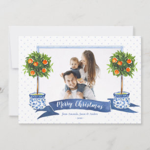 Kerstfoto van Elegant Blue Citrus Chinoiserie Feestdagenkaart