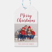 Kerstfoto van Elegant Red Script Cadeaulabel (Voorkant)