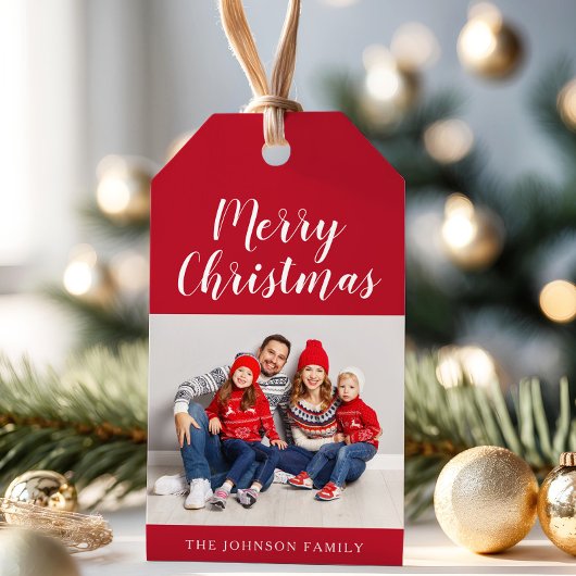Kerstfoto van Elegant Red Script Cadeaulabel