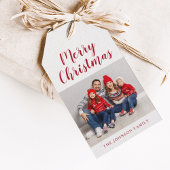 Kerstfoto van Elegant Red Script Cadeaulabel