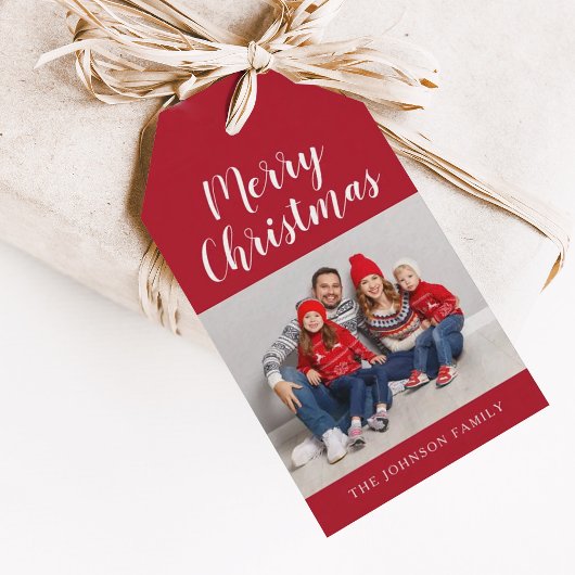 Kerstfoto van Elegant Red Script Cadeaulabel