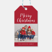 Kerstfoto van Elegant Red Script Cadeaulabel (Voorkant)