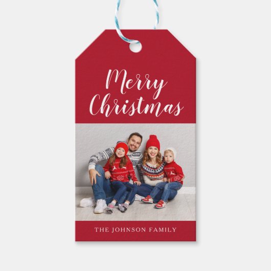 Kerstfoto van Elegant Red Script Cadeaulabel (Voorkant)