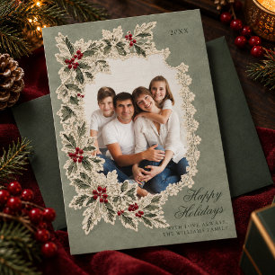 Kerstfoto van het gezin Holly in vintage kant Feestdagenkaart