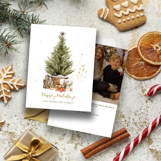 Kerstfoto van het gezin Vintage Goud Gelukkig Kers Feestdagenkaart