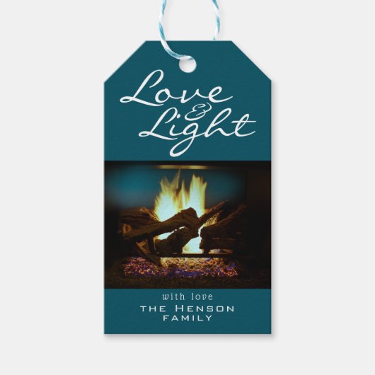 Kerstfoto van Love and Light Fireplace Fire Cadeaulabel (Voorkant)