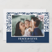 Kerstfoto van Navy Blue en White Damask Feestdagenkaart (Voorkant)