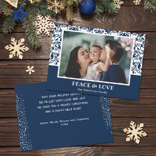 Kerstfoto van Navy Blue en White Damask Feestdagenkaart