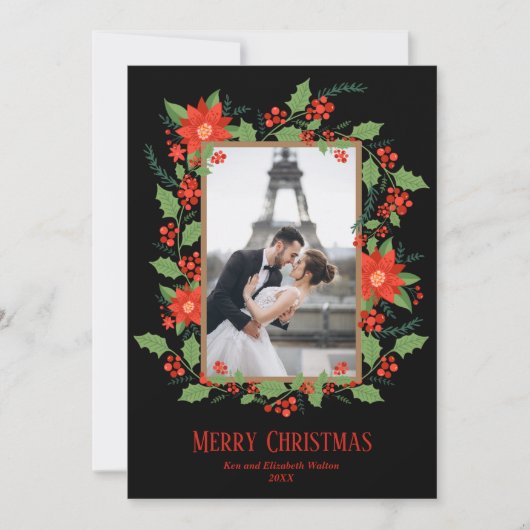 kerstfoto van Poinsettia en Berries Feestdagenkaart (Voorkant)