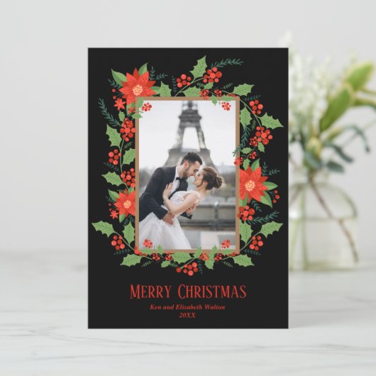 kerstfoto van Poinsettia en Berries Feestdagenkaart (Staand voorkant)