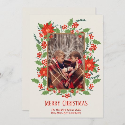 kerstfoto van Poinsettia Greenery Feestdagenkaart (Voorkant / Achterkant)