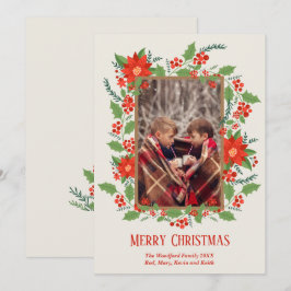 kerstfoto van Poinsettia Greenery Feestdagenkaart