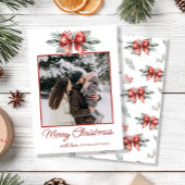 Kerstfoto van Red Bow Feestdagenkaart