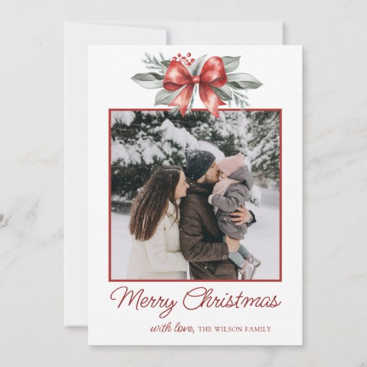 Kerstfoto van Red Bow Feestdagenkaart (Voorkant)