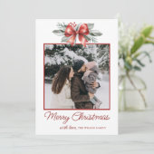 Kerstfoto van Red Bow Feestdagenkaart (Staand voorkant)