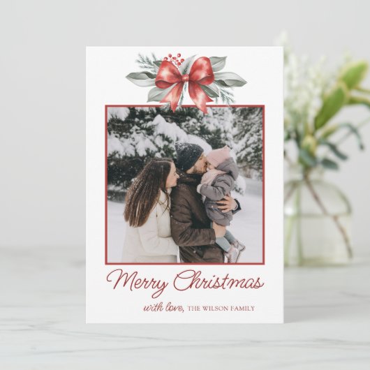 Kerstfoto van Red Bow Feestdagenkaart (Staand voorkant)