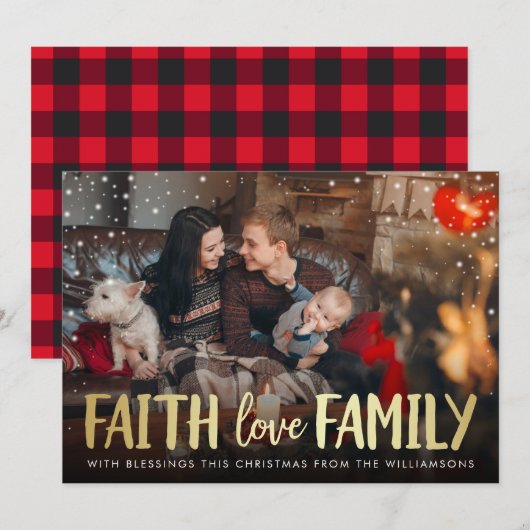 Kerstfoto van Red Pset & Gold Faith Love Family Feestdagenkaart (Voorkant / Achterkant)