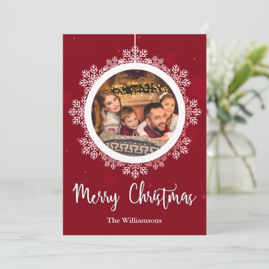 kerstfoto van Red Snowflake Feestdagenkaart (Staand voorkant)