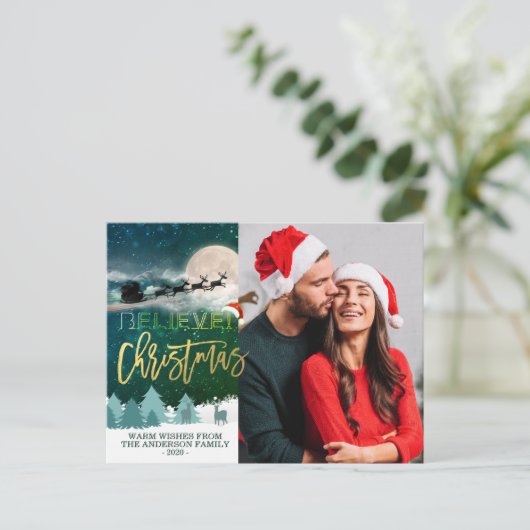 kerstfoto van Reindeer Sleigh Santa Hat Feestdagenkaart (Staand voorkant)