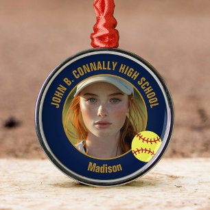 Kerstfoto van softbalspeler in Navy Blue Goud Metalen Ornament