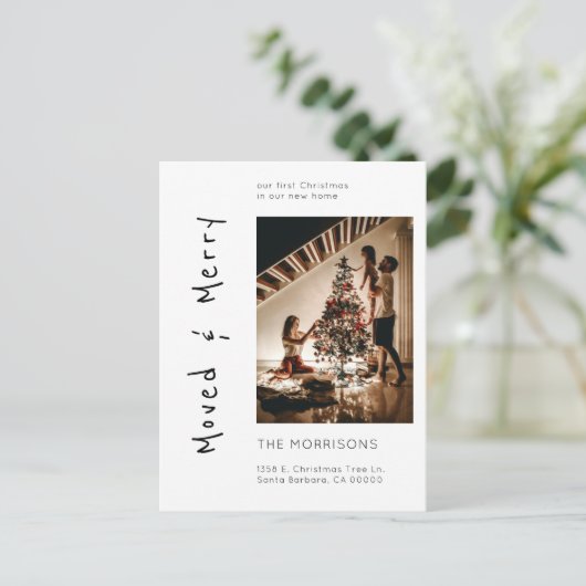 Kerstfoto verplaatst en Merry New Address Moving Briefkaart (Staand voorkant)