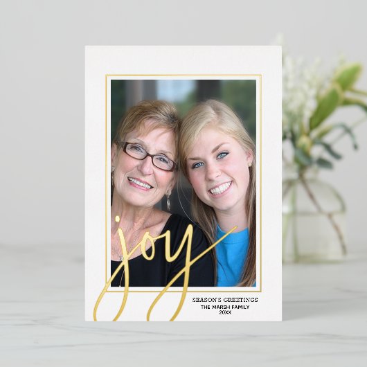 Kerstfoto verticaal - Script Gold JOY - Folie Feestdagenkaart (Staand Voorkant)