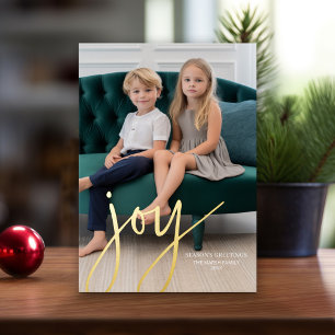 Kerstfoto verticaal - Script Gold JOY - Folie Feestdagenkaart