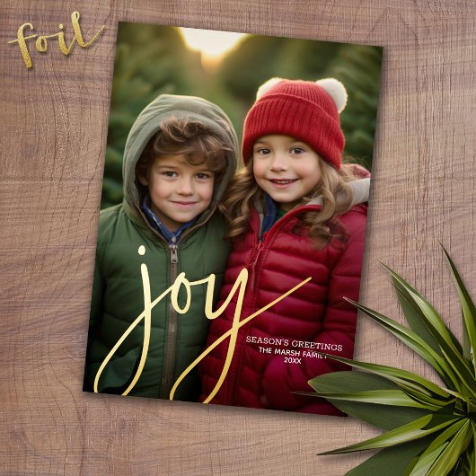 Kerstfoto verticaal - Script Gold JOY - Folie Feestdagenkaart