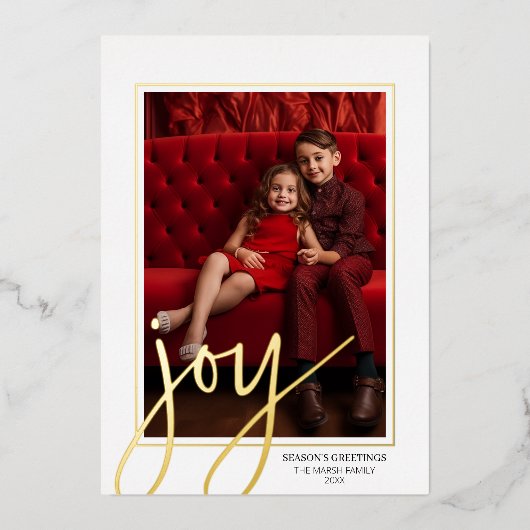 Kerstfoto verticaal - Script Gold JOY - Folie Feestdagenkaart (Voorkant)
