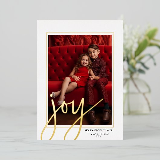 Kerstfoto verticaal - Script Gold JOY - Folie Feestdagenkaart (Staand Voorkant)