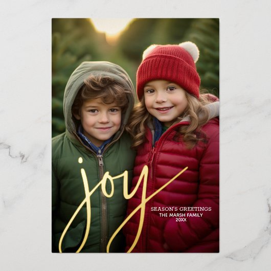 Kerstfoto verticaal - Script Gold JOY - Folie Feestdagenkaart (Voorkant)