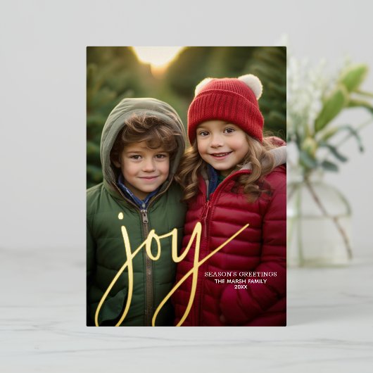Kerstfoto verticaal - Script Gold JOY - Folie Feestdagenkaart (Staand Voorkant)