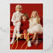 Kerstfoto Verticaal - Script Gold JOY plaid Folie Feestdagenkaart (Voorkant)