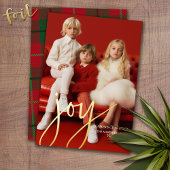 Kerstfoto Verticaal - Script Gold JOY plaid Folie Feestdagenkaart