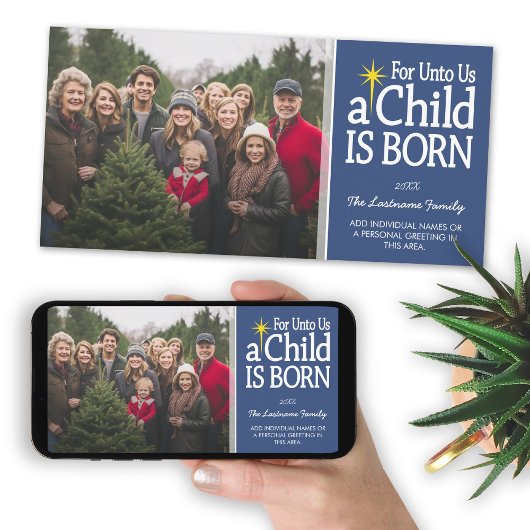 Kerstfoto voor christenen - Een kind is geboren Feestdagenkaart