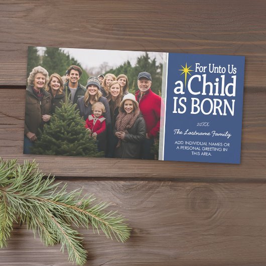 Kerstfoto voor christenen - Een kind is geboren Feestdagenkaart