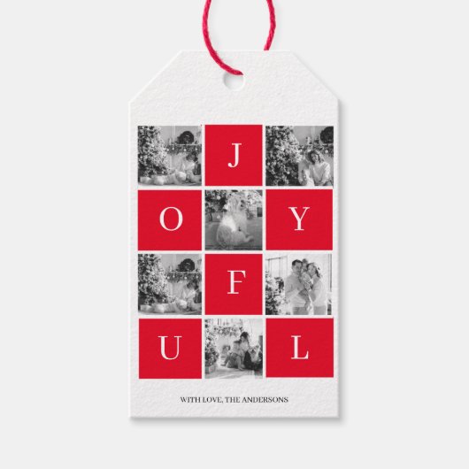 kerstfoto voor collage | Red Joyful Cadeaulabel (Voorkant)