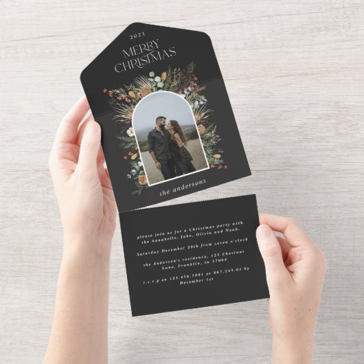 kerstfoto waterverf botanische flora all in one uitnodiging (Afscheurbaar)