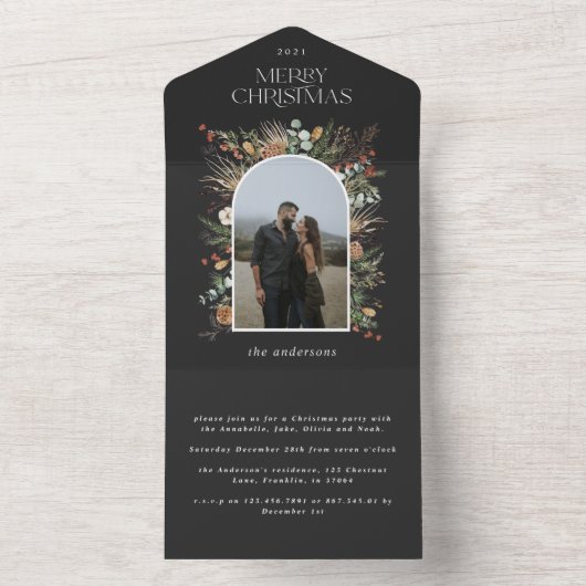 kerstfoto waterverf botanische flora all in one uitnodiging (Binnen)