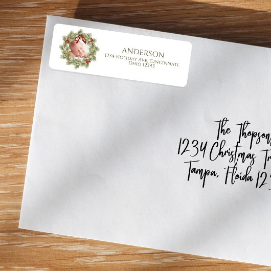 Kerstfoto Waterverf groen krans gebladerte Etiket