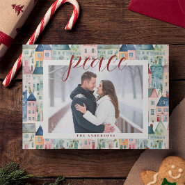 Kerstfoto Waterverf huizen horizontaal Feestdagenkaart