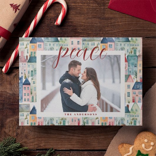 Kerstfoto Waterverf huizen horizontaal Feestdagenkaart