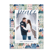 Kerstfoto Waterverf Kleurrijke Huizen Blauw