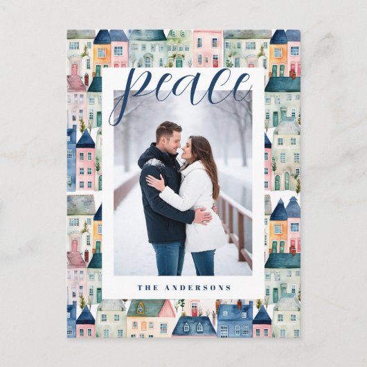 Kerstfoto Waterverf Kleurrijke Huizen Blauw Feestdagenkaart (Voorkant)