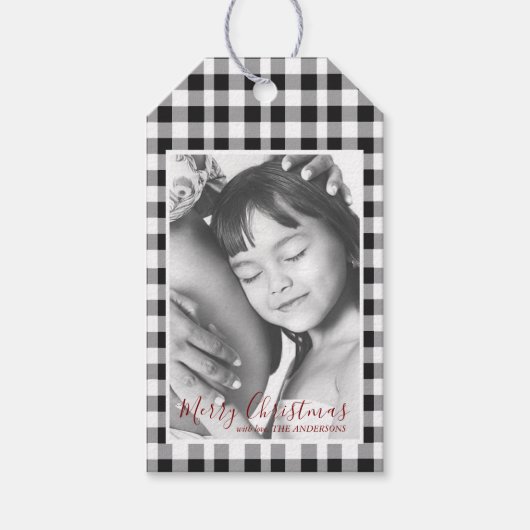 Kerstfoto Zwart Wit Plaid Gingham Patroon Cadeaulabel (Voorkant)