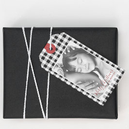 Kerstfoto Zwart Wit Plaid Gingham Patroon Cadeaulabel