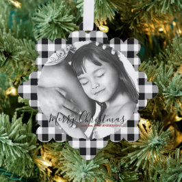 Kerstfoto Zwart Wit Plaid Gingham Patroon Ornament Kaart